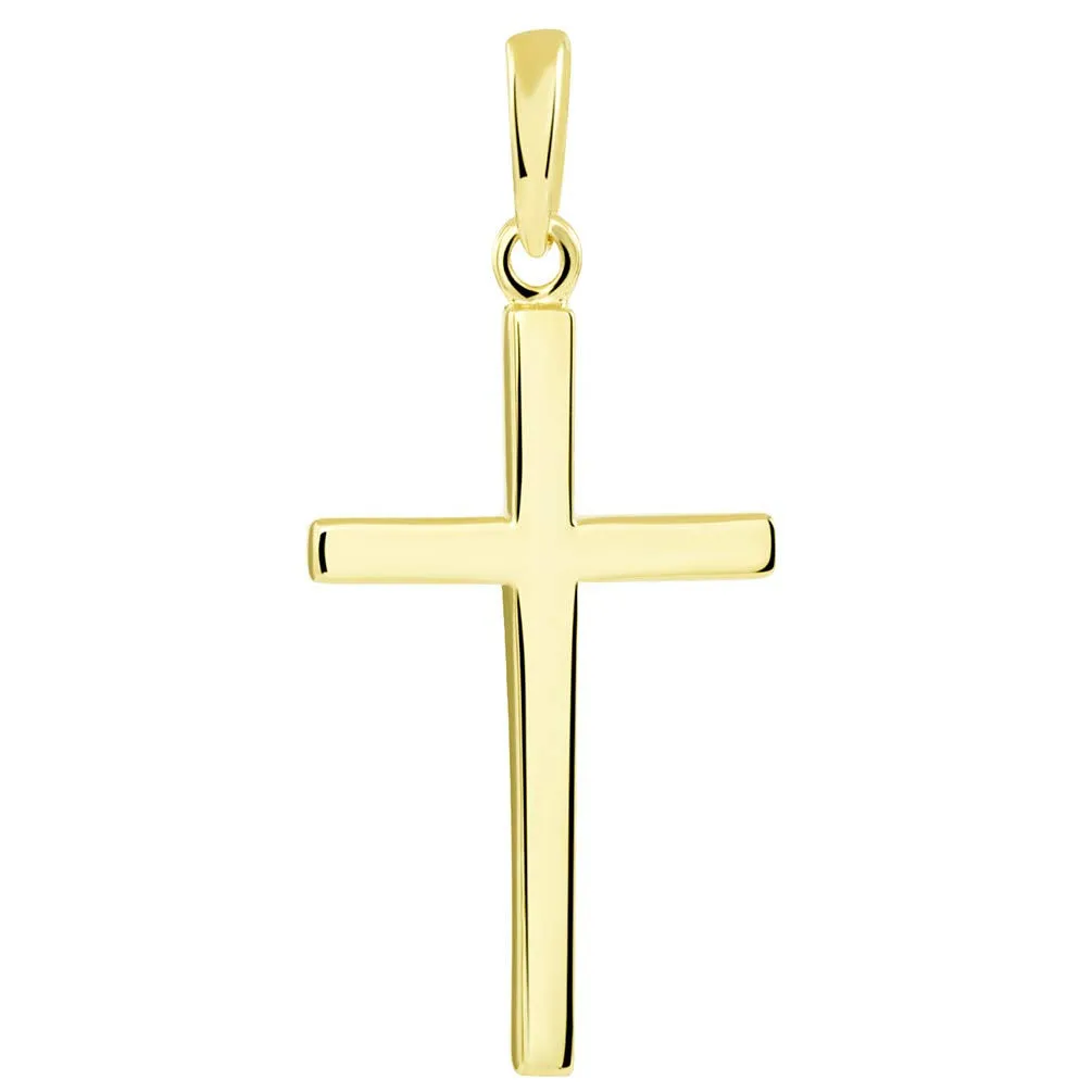 14k Solid Yellow Gold Classic Plain Religious Cross Pendant with Cuban Chain Necklace