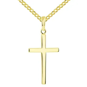 14k Solid Yellow Gold Classic Plain Religious Cross Pendant with Cuban Chain Necklace