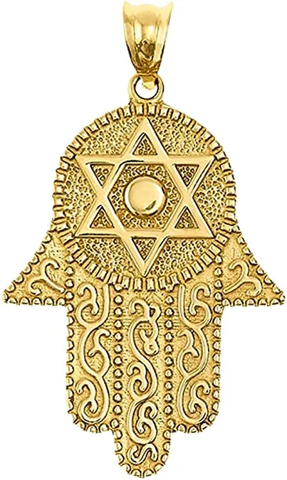 14k Solid Yellow Gold Hamsa Hand Star of David Pendant with Pin Brooch