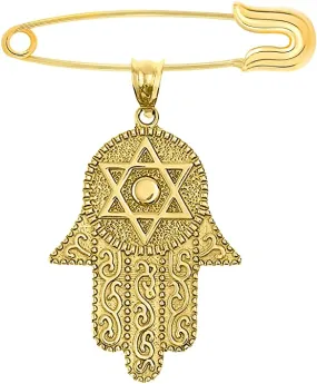 14k Solid Yellow Gold Hamsa Hand Star of David Pendant with Pin Brooch