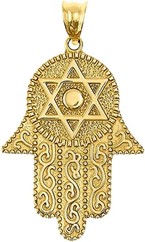 14k Solid Yellow Gold Hamsa Hand with Star of David Pendant