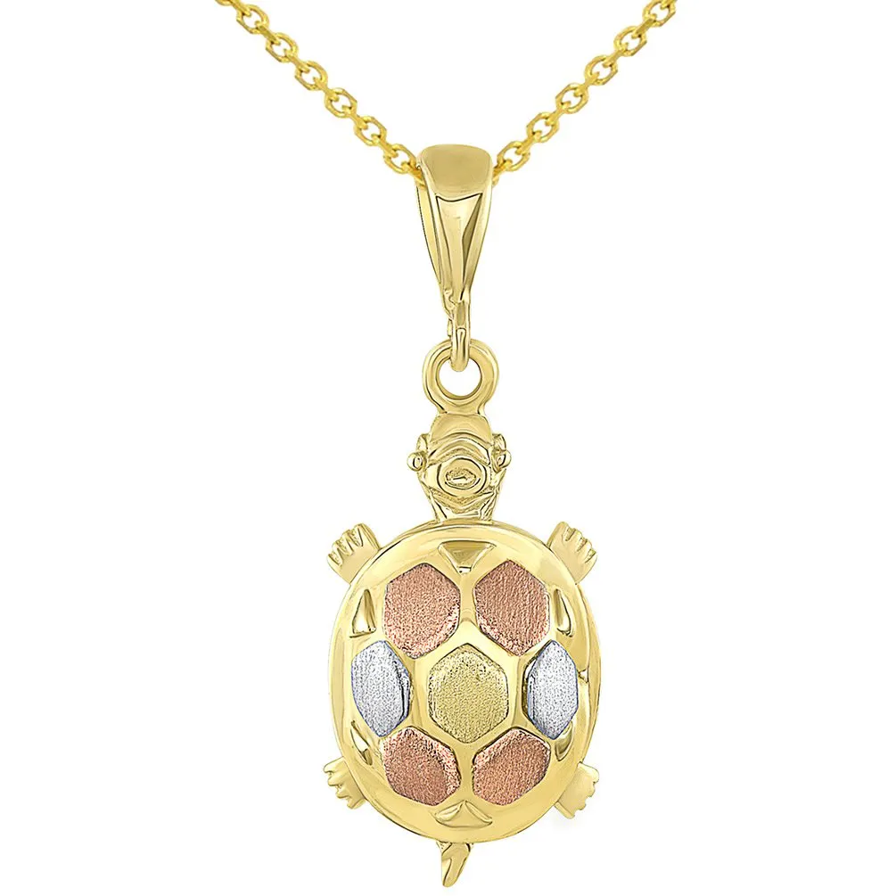 14K Tri-Color Gold Fancy Turtle Charm Animal Pendant Necklace