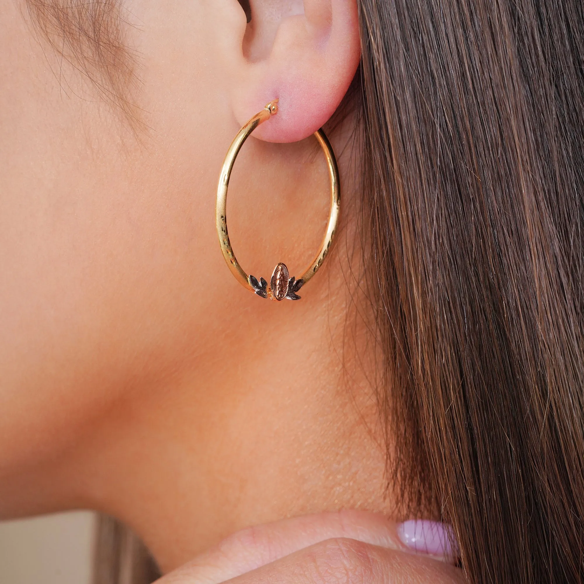 14k Tri-Color Gold Our Lady Of Guadalupe Hoop Earrings with Latch Back- 4 Sizes