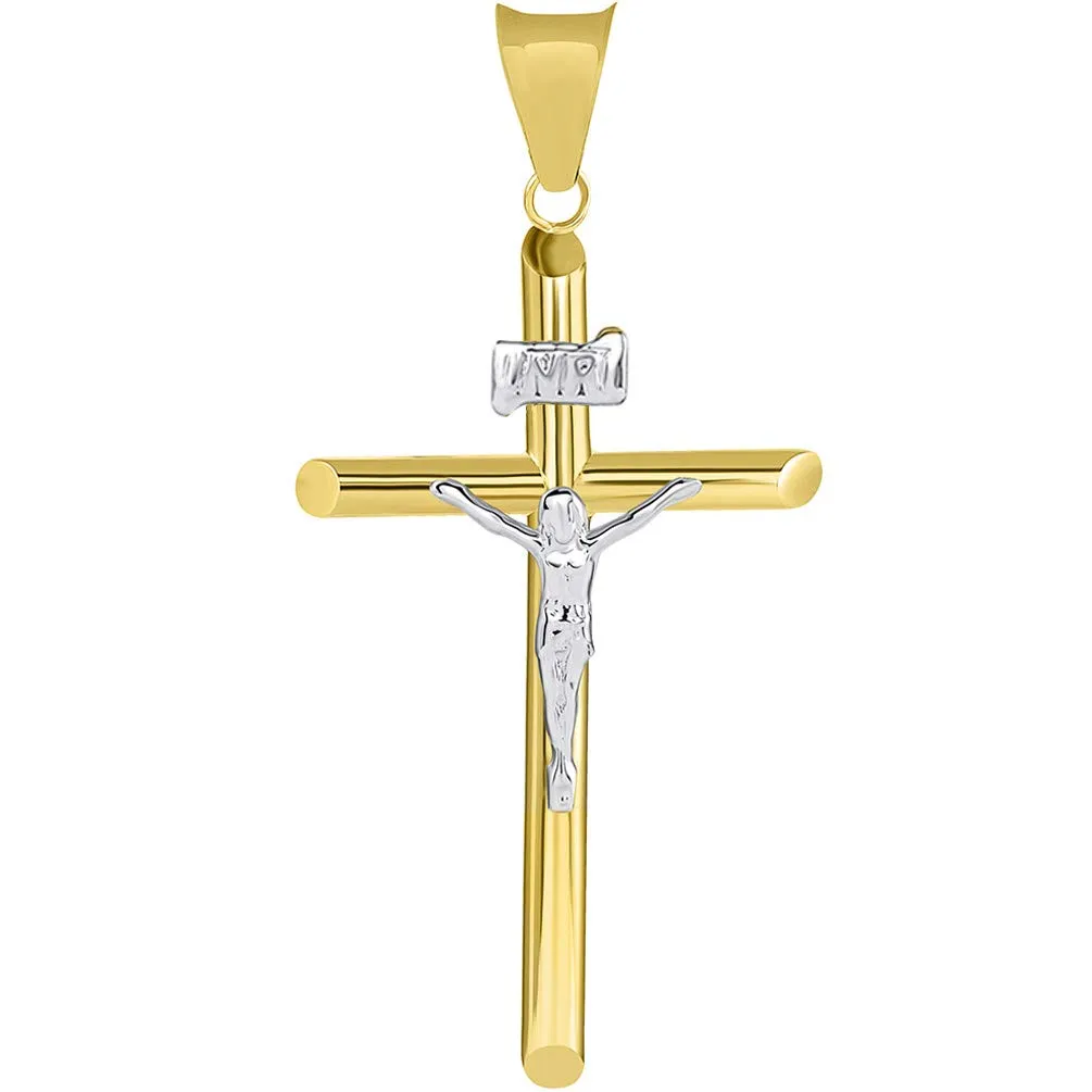 14k Two Tone Gold Traditional Catholic Cross INRI Crucifix Pendant with Figaro Necklace