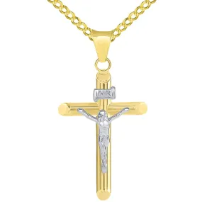 14k Two Tone Gold Tubular Cross INRI Crucifix Pendant with Cuban Necklace