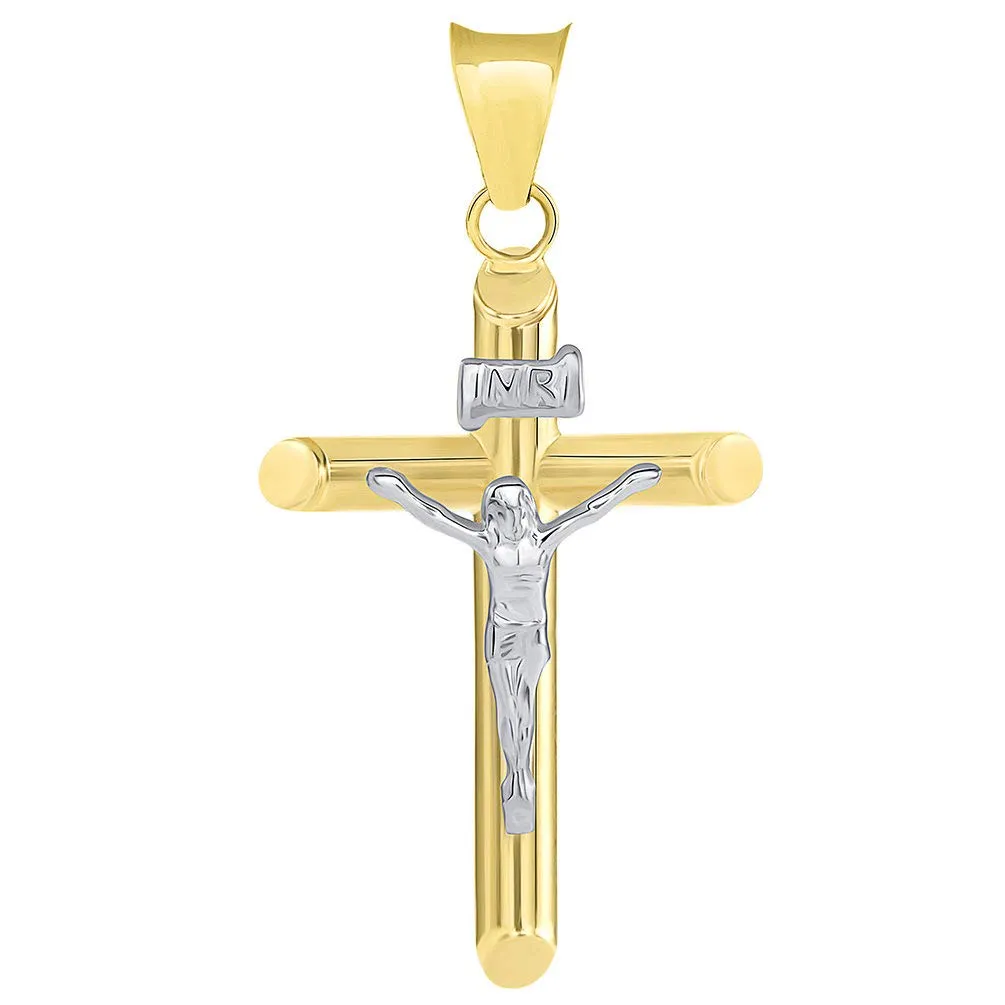 14k Two Tone Gold Tubular Cross INRI Crucifix Pendant with Cuban Necklace