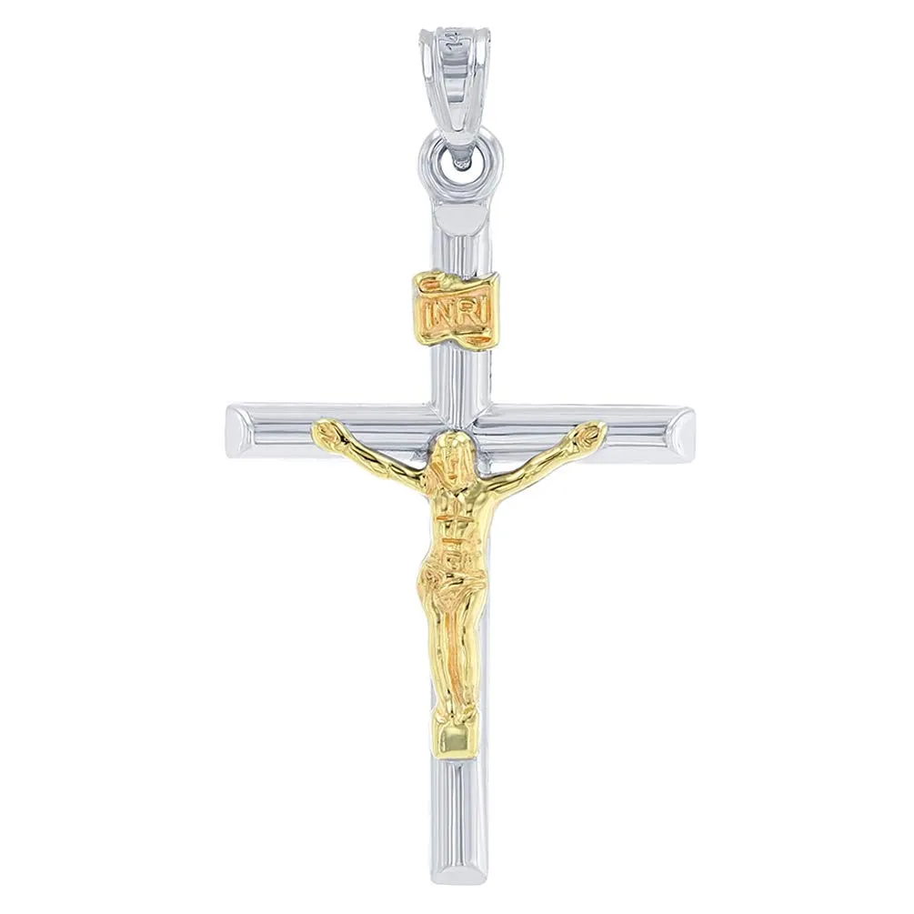 14k White Gold INRI Cross Two Tone Crucifix Pendant Necklace