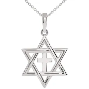 14k White Gold Jewish Star of David with Religious Judeo Christian Cross  Pendant Necklace