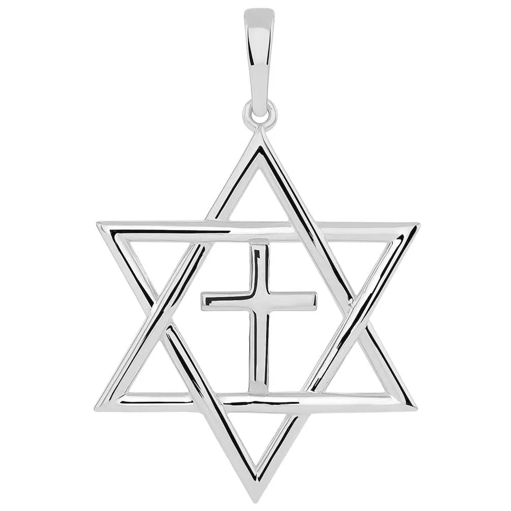 14k White Gold Medium Jewish Star of David with Religious Cross Judeo Christian Pendant Necklace