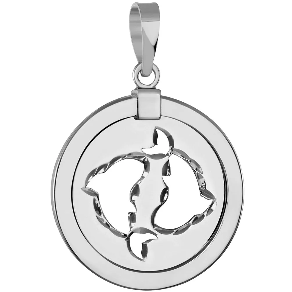 14k White Gold Round Pisces Zodiac Sign Fish Animal Medallion Pendant Necklace (Reversible)