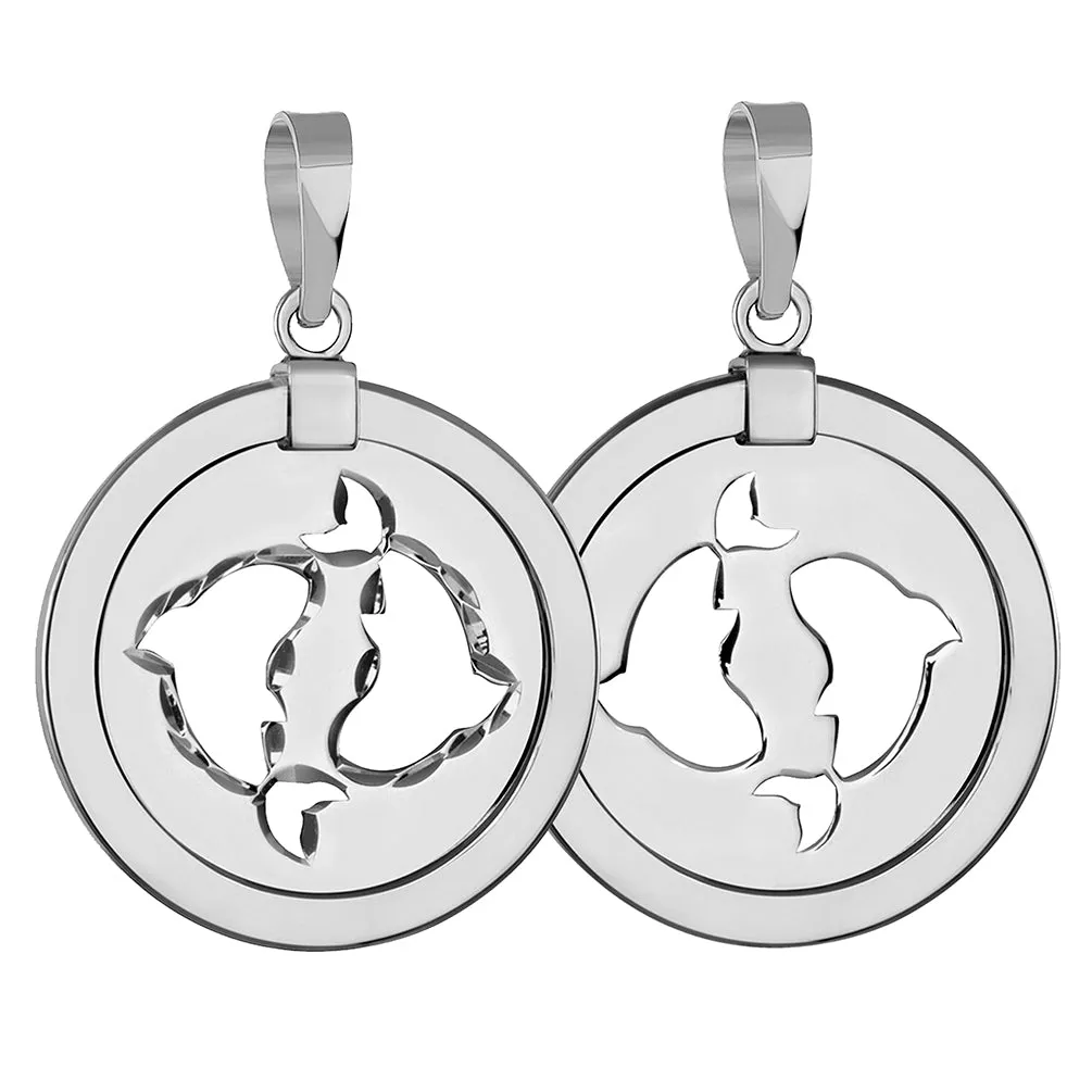 14k White Gold Round Pisces Zodiac Sign Fish Animal Medallion Pendant Necklace (Reversible)