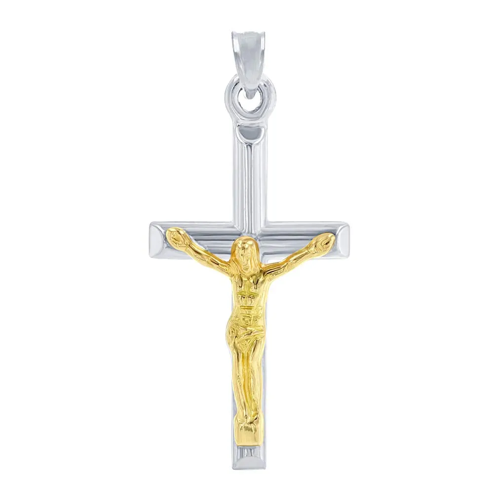 14k White Gold Small Latin INRI Cross Two Tone Crucifix Pendant Necklace