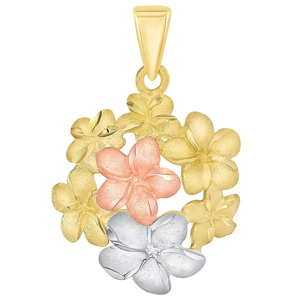 14k Yellow and Rose Gold Bouquet of Tri-Tone Hawaiian Plumeria Flower Pendant with Figaro Chain Necklace