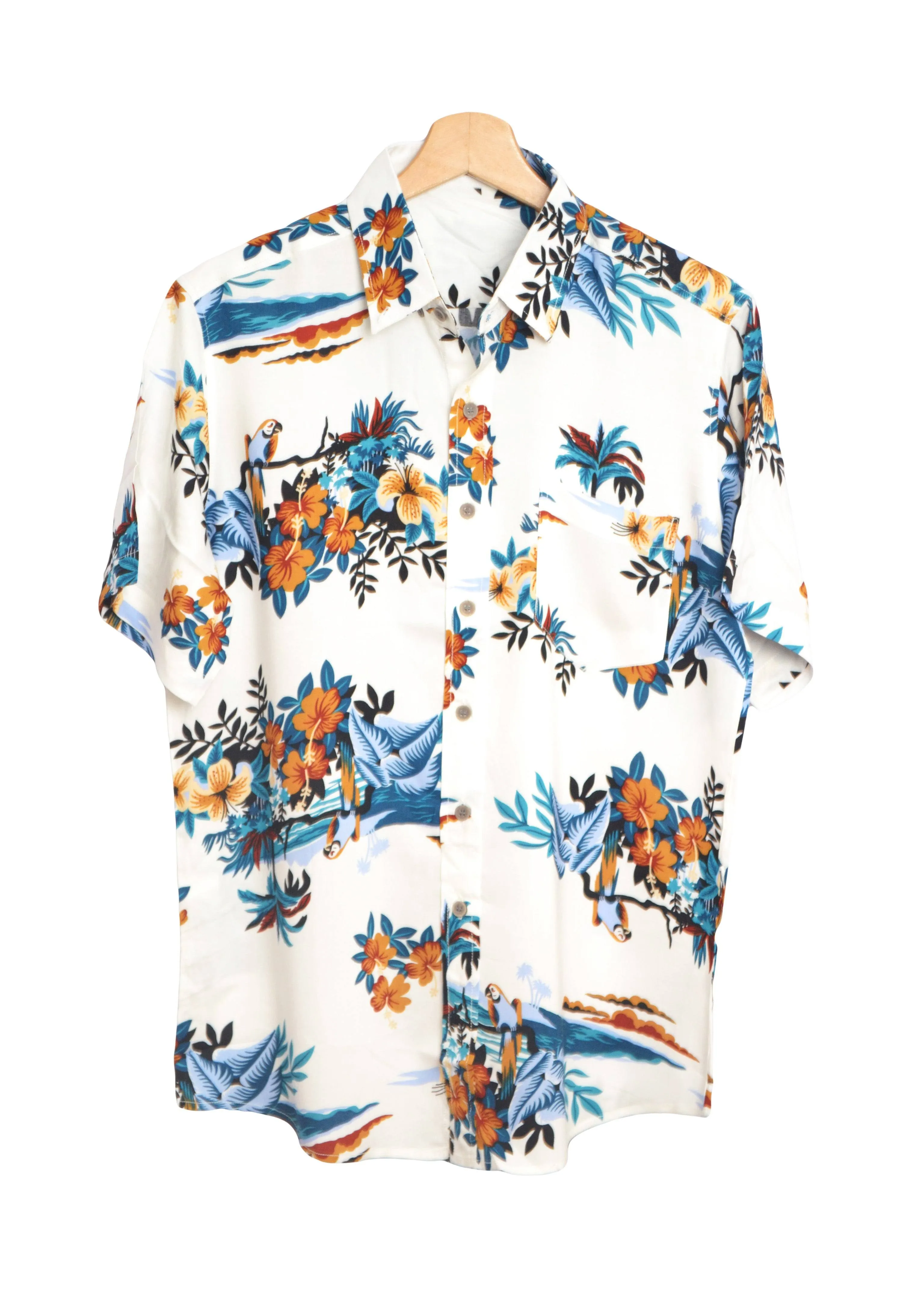 Chemise hawaienne fleurs et perroquets