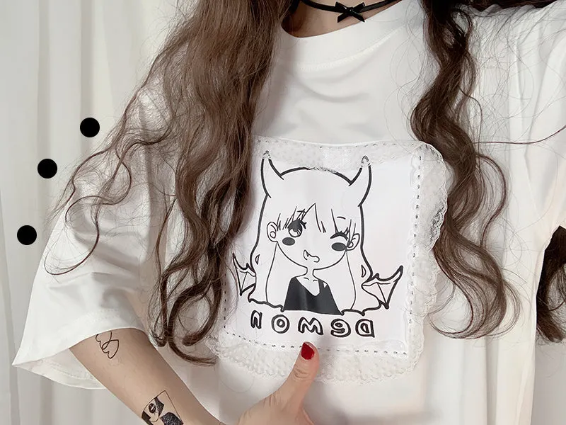 CUTE DEMON GIRL LACE LOOSE MEDIUM-LENGTH T-SHIRT BY22339