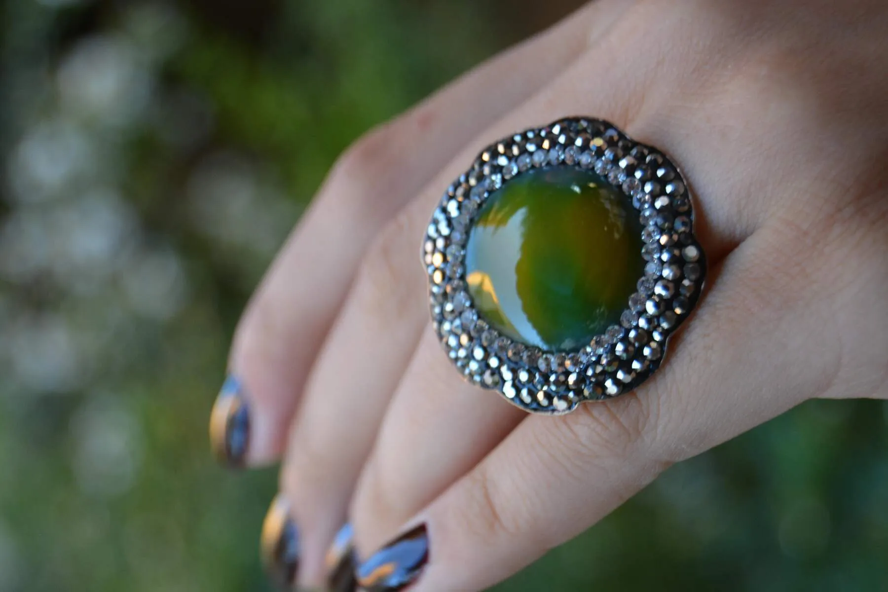 Green Agate Natural Stone Adjustable Women's Ring