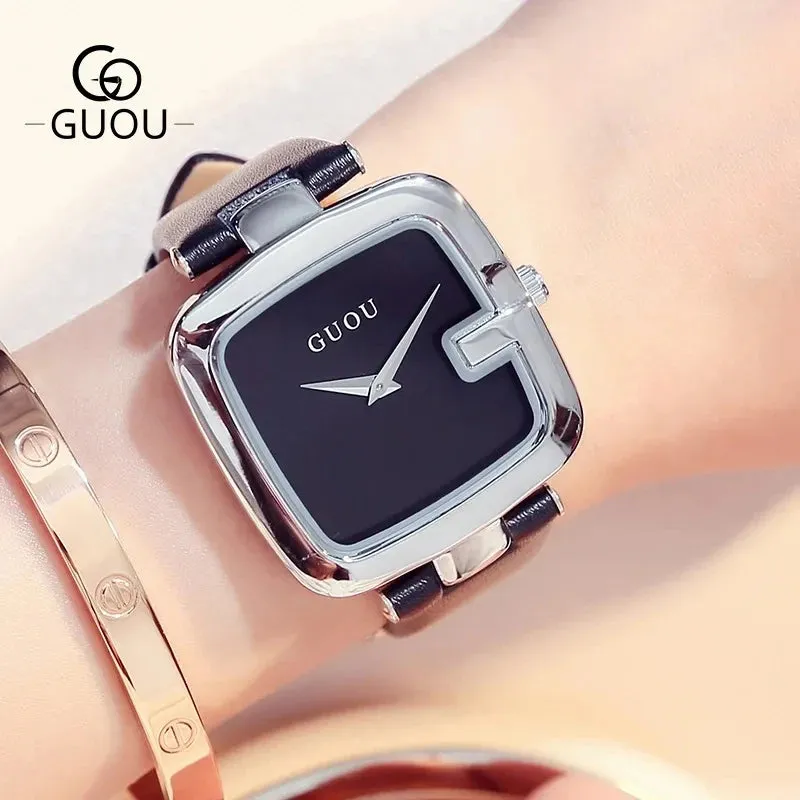 GUOU Women's Square Fashion Watch - Luxury Leather Strap Quartz Timepiece, 3Bar Water Resistant