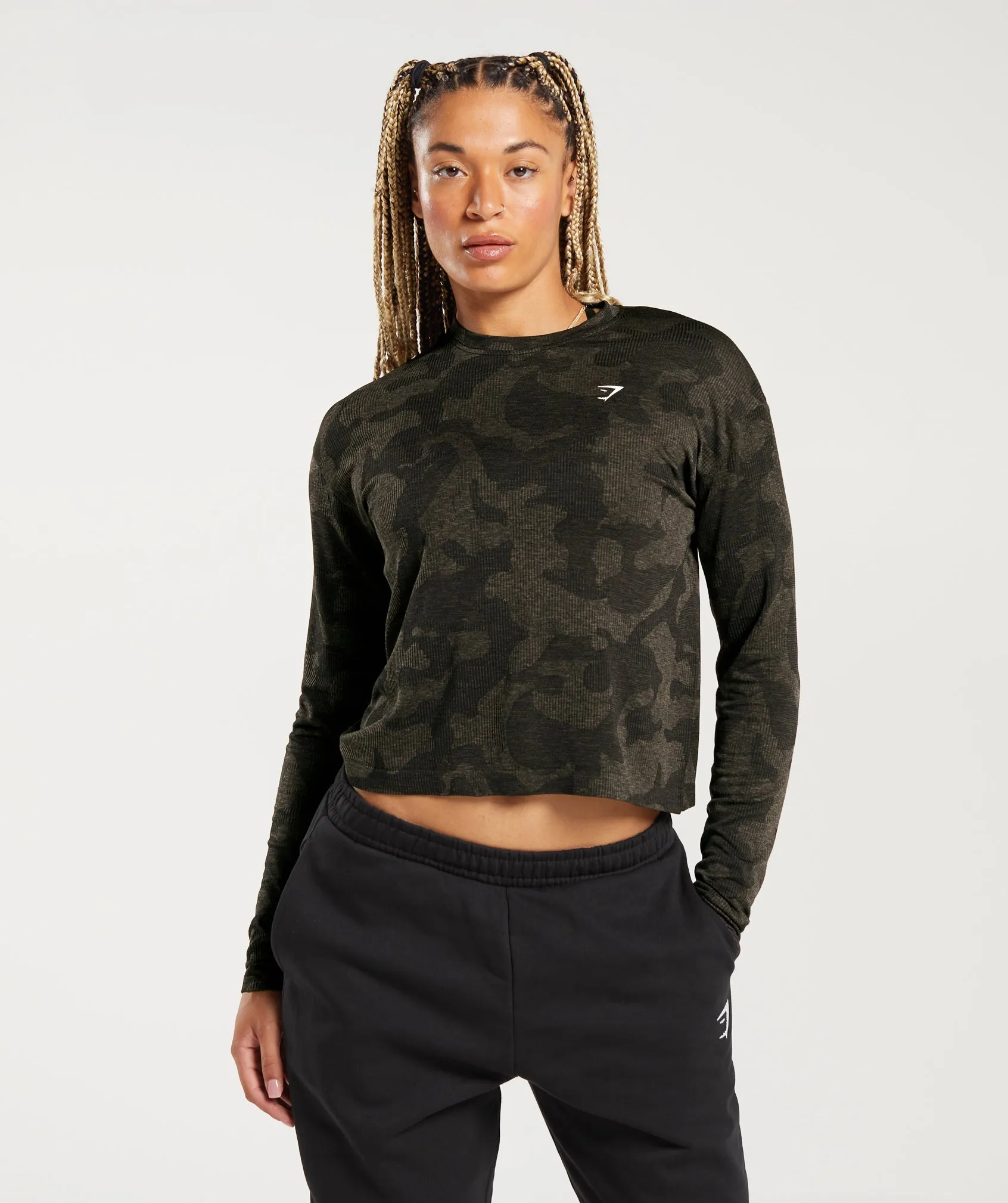 Gymshark Adapt Camo Seamless Ribbed Long Sleeve Top - Black/Camo Brown