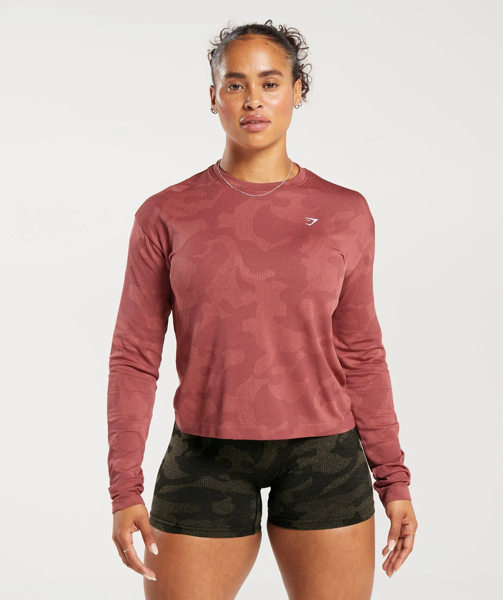 Gymshark Adapt Camo Seamless Ribbed Long Sleeve Top - Soft Berry/Sunbaked Pink