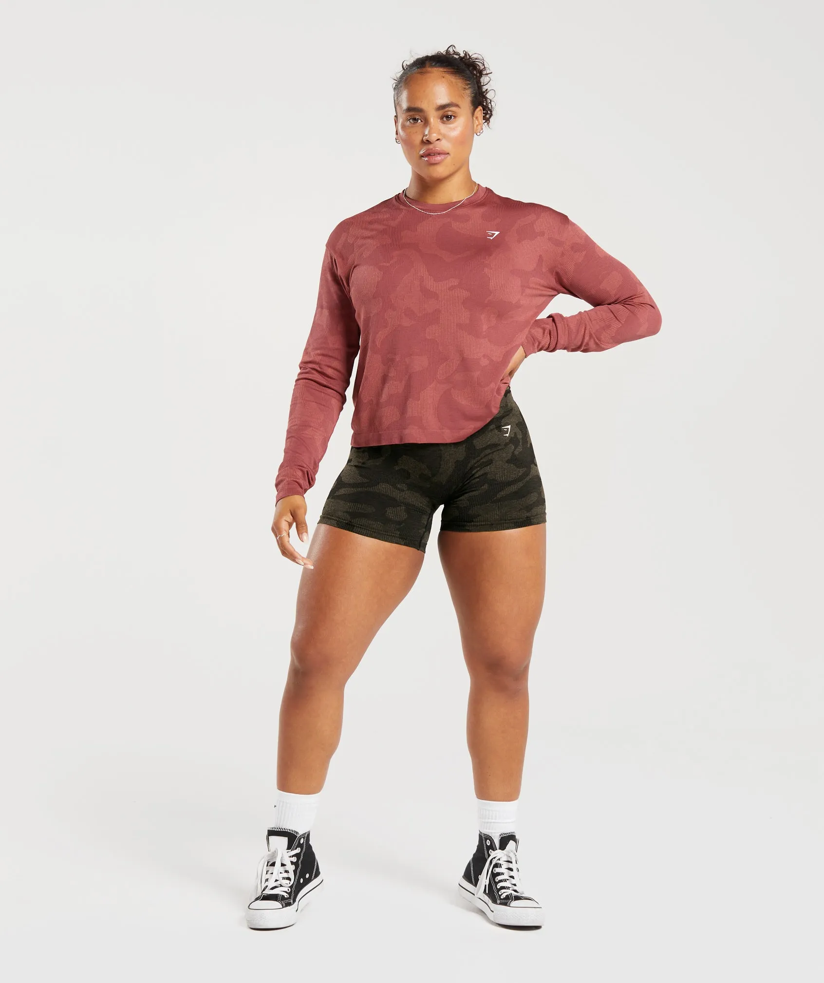 Gymshark Adapt Camo Seamless Ribbed Long Sleeve Top - Soft Berry/Sunbaked Pink