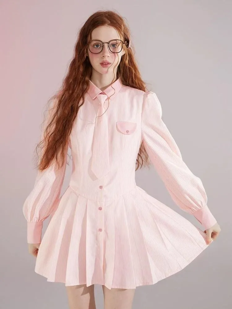 Informal College Style Pink Striped Shirt Dress 【s0000004420】