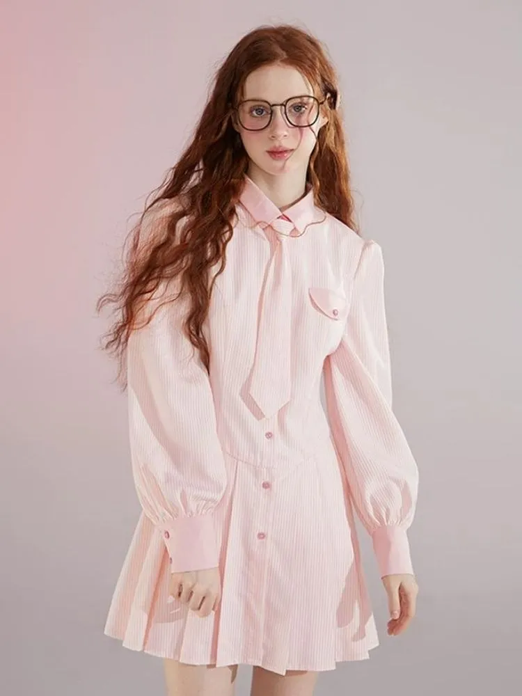 Informal College Style Pink Striped Shirt Dress 【s0000004420】