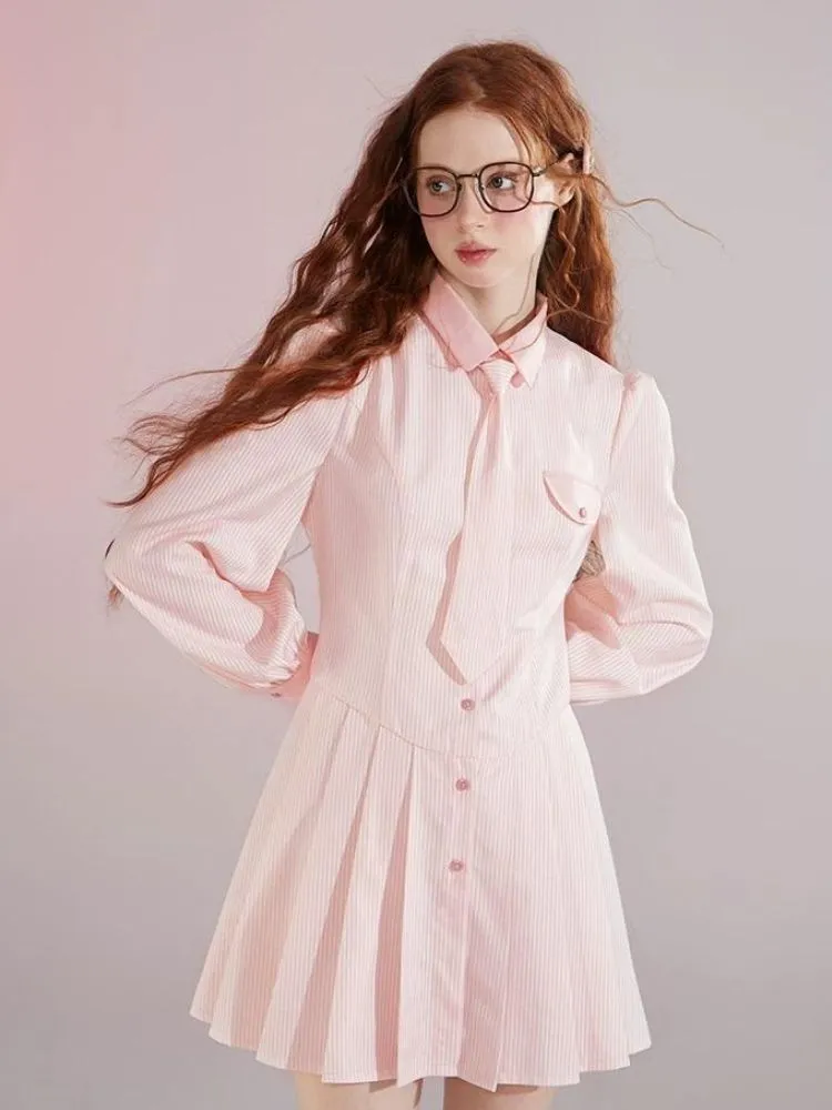 Informal College Style Pink Striped Shirt Dress 【s0000004420】