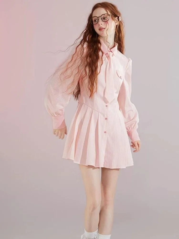 Informal College Style Pink Striped Shirt Dress 【s0000004420】