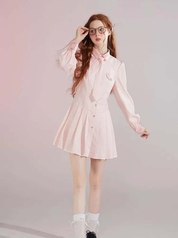 Informal College Style Pink Striped Shirt Dress 【s0000004420】