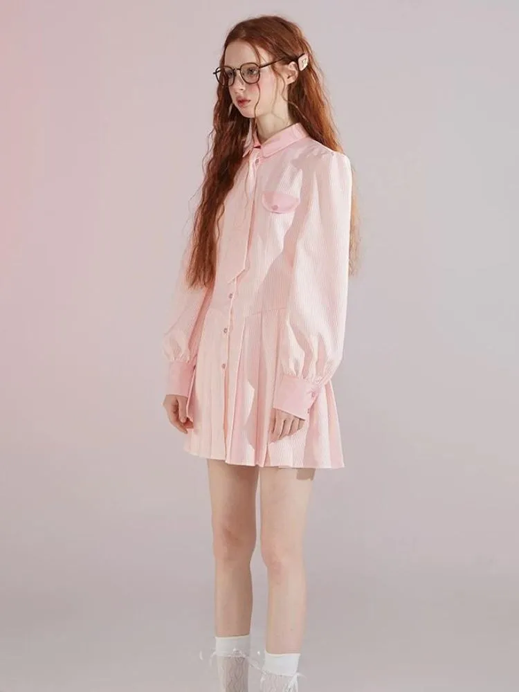 Informal College Style Pink Striped Shirt Dress 【s0000004420】