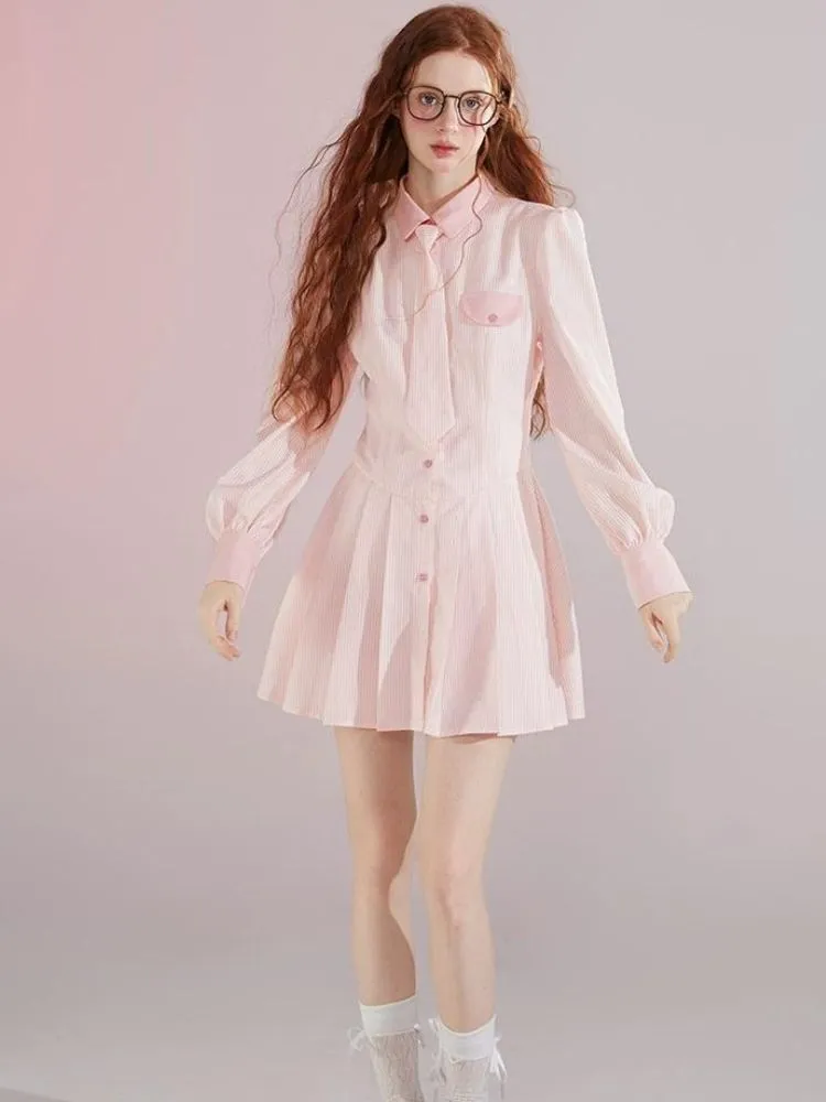 Informal College Style Pink Striped Shirt Dress 【s0000004420】