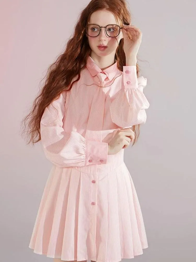 Informal College Style Pink Striped Shirt Dress 【s0000004420】