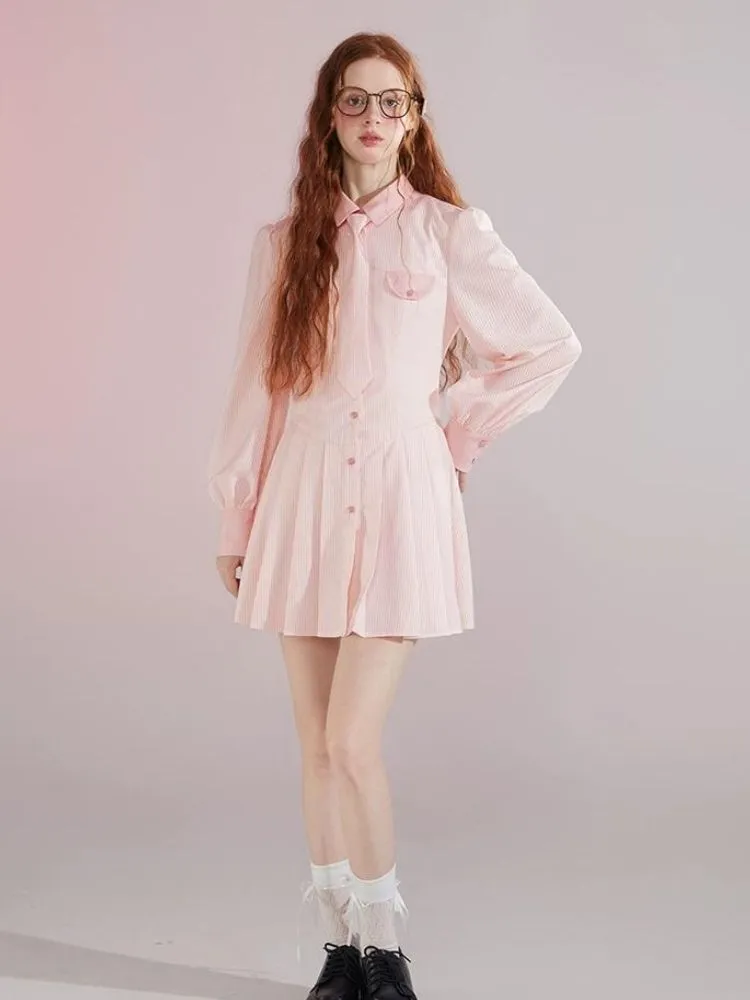 Informal College Style Pink Striped Shirt Dress 【s0000004420】