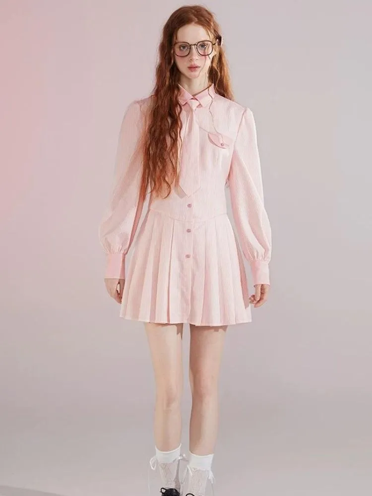 Informal College Style Pink Striped Shirt Dress 【s0000004420】