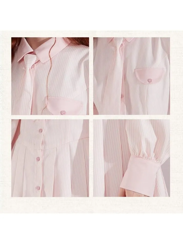 Informal College Style Pink Striped Shirt Dress 【s0000004420】