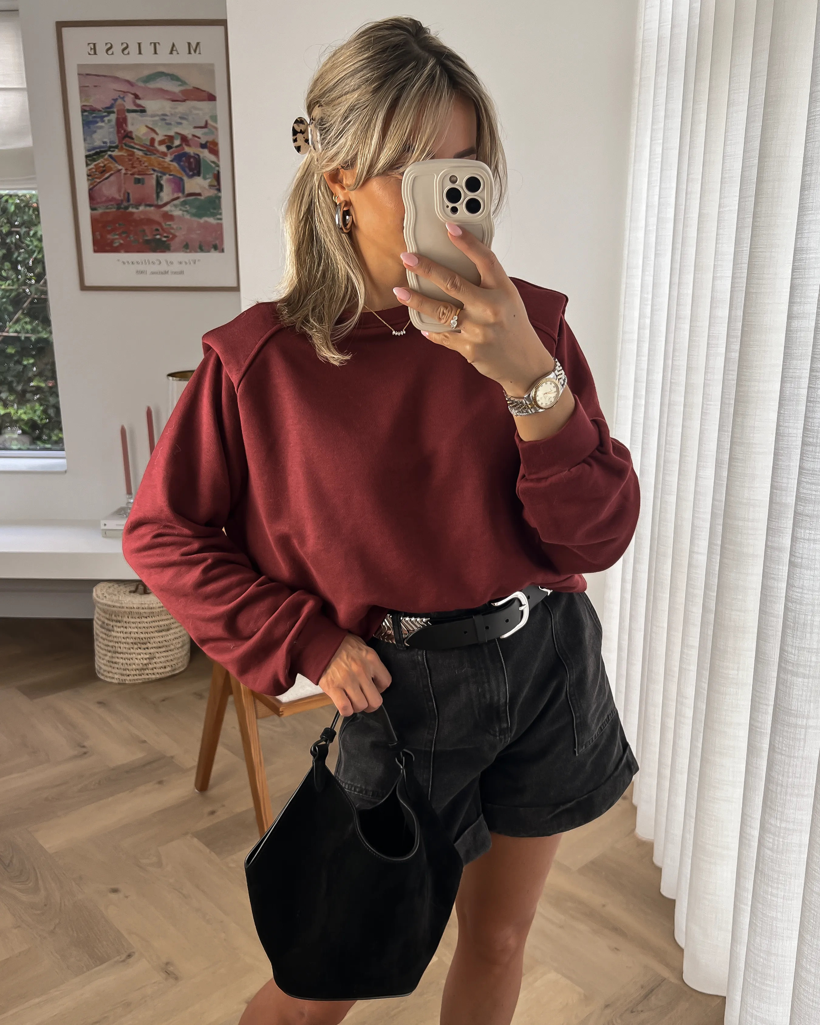 LOGAN - Shoulder Crop Sweatshirt in Bordeaux Red