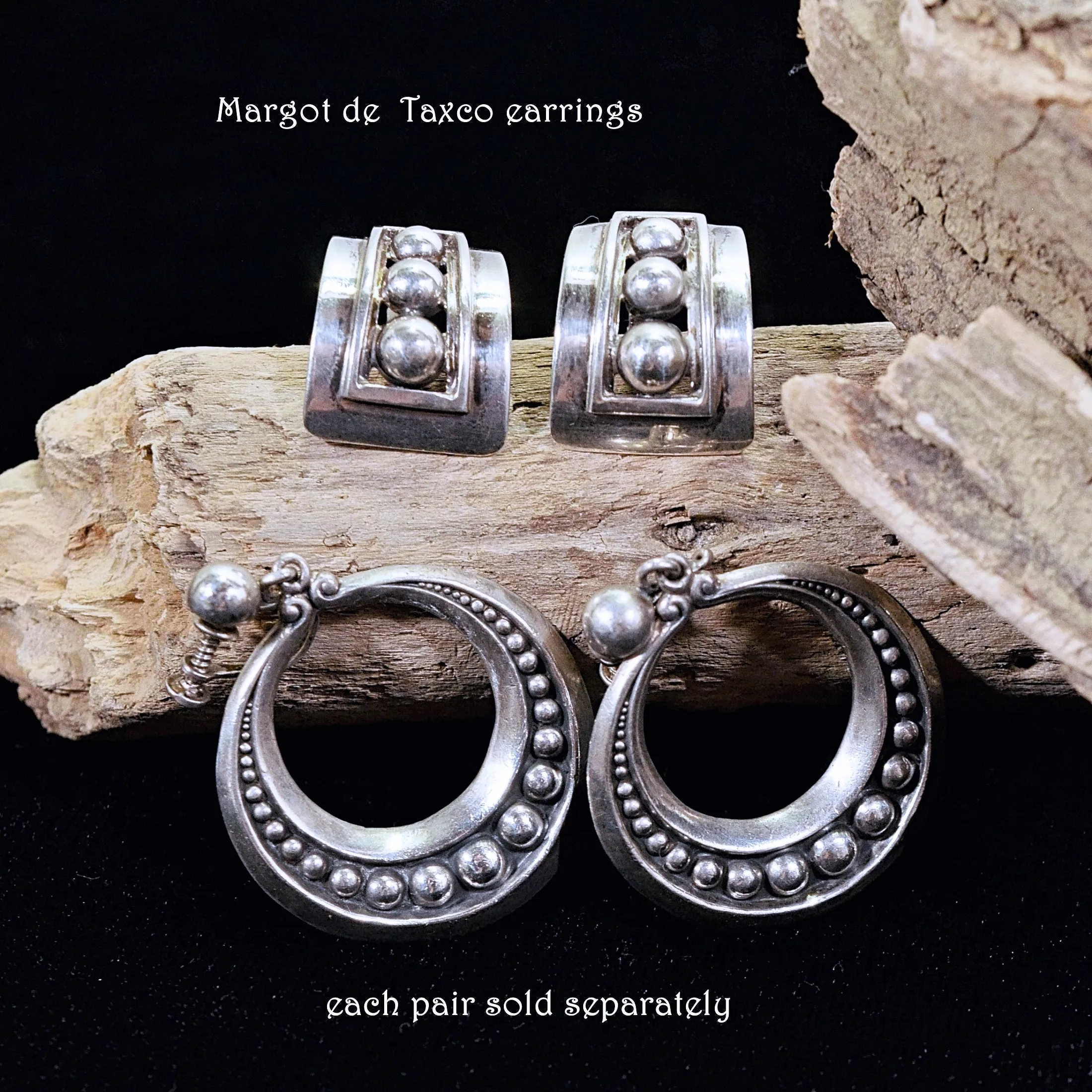 Margot De Taxco Sterling Silver Earrings, Ribbon Ball Details, Clip Back #5247, 11.8 Grams