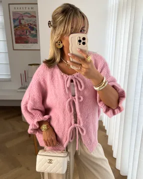 MARIE - Bow Ruffle Knit Cardigan in Light Pink