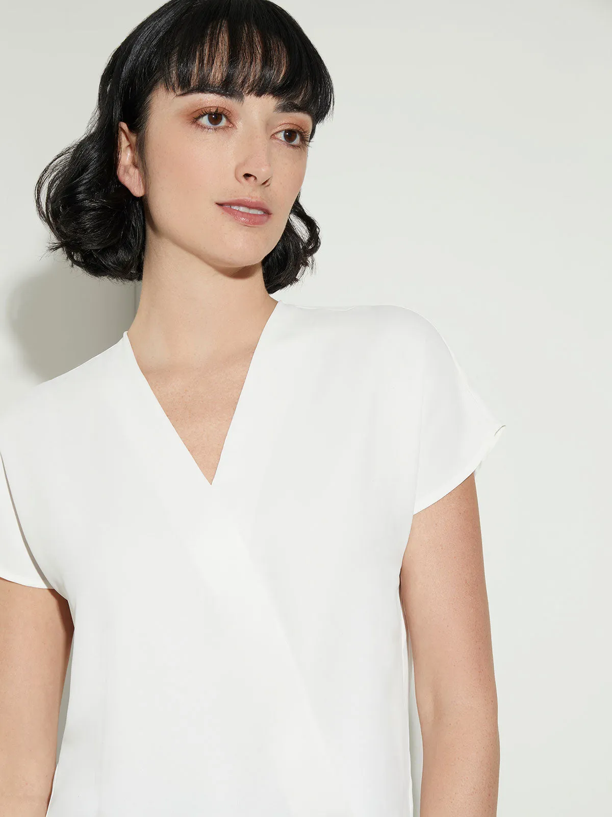 Short Sleeve V-Neck Crepe de Chine Blouse