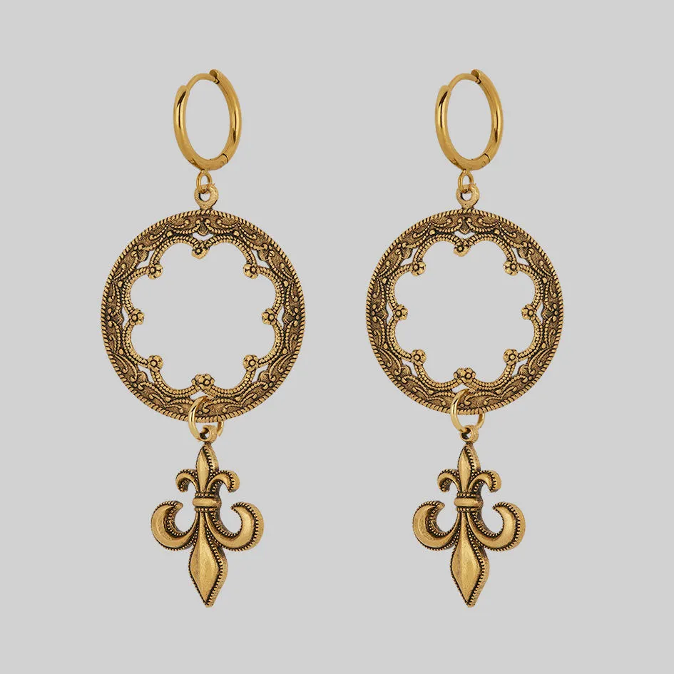 VOW. Gothic Fleur de Lis Hoop Earrings - Gold