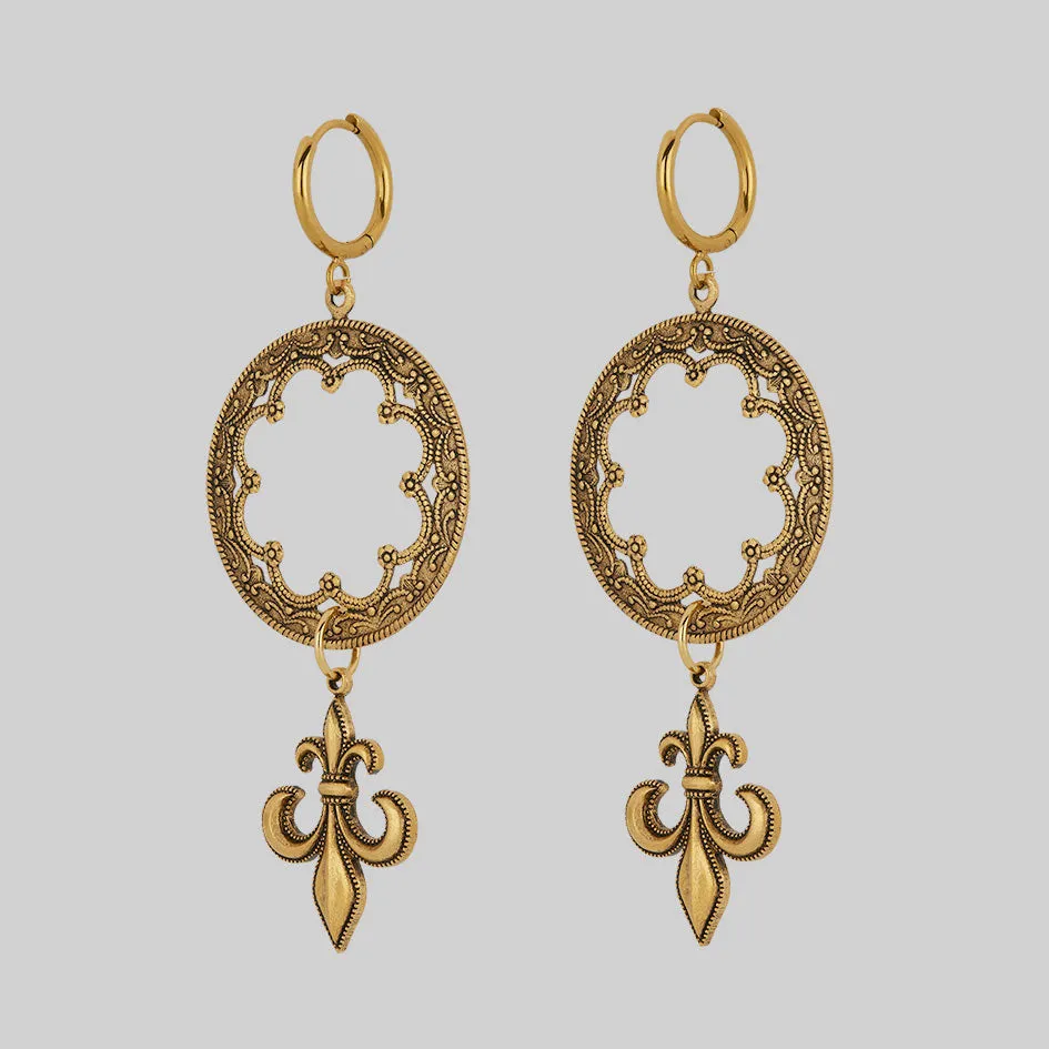 VOW. Gothic Fleur de Lis Hoop Earrings - Gold